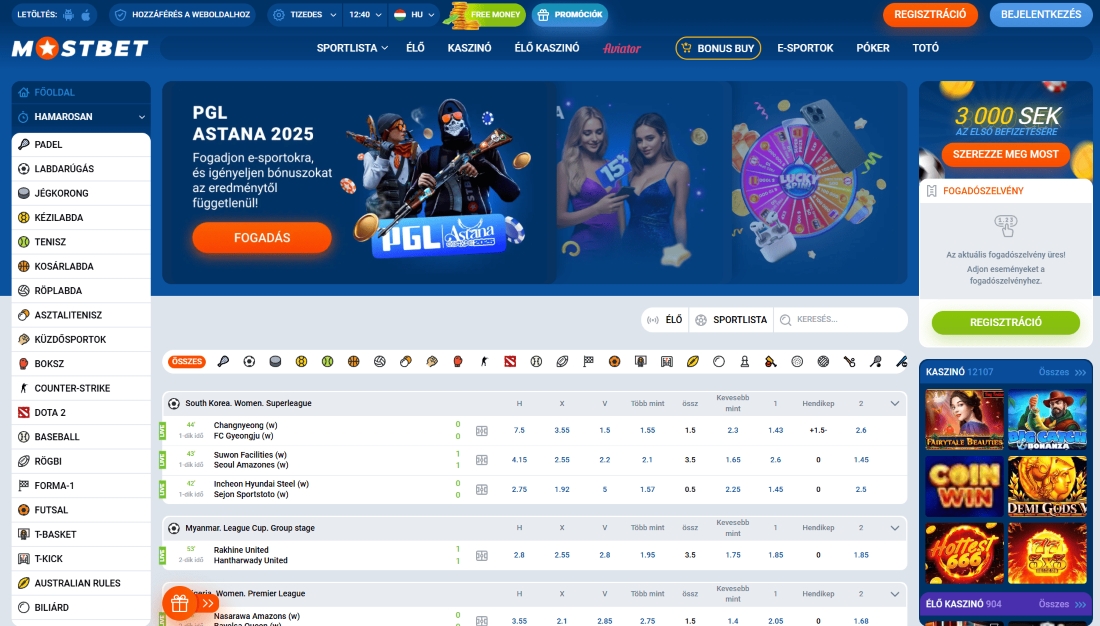 Mostbet kezdőoldal sportfogadási lehetőségekkel és e-sport promócióval.