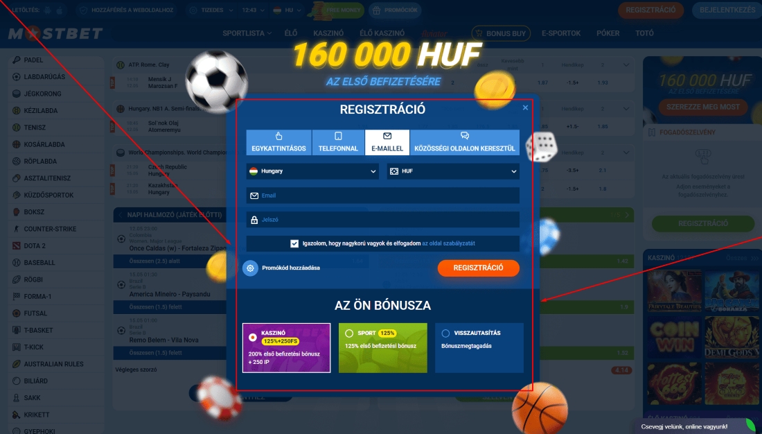Regisztrációs űrlap 160 000 HUF bónusszal és többféle bejelentkezési móddal