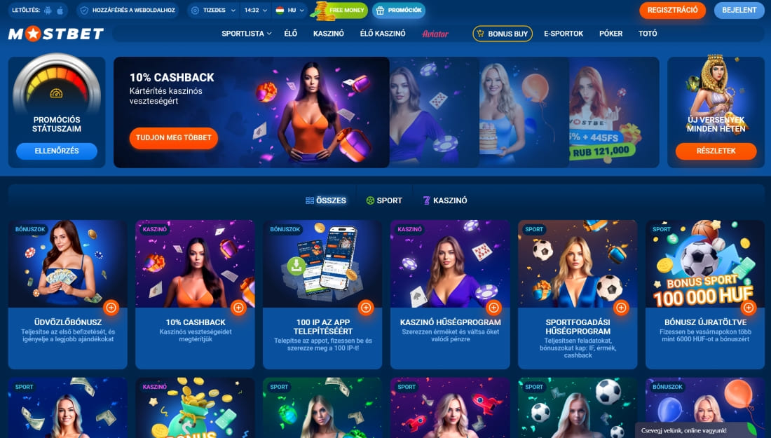 A Mostbet promóciós oldal különböző bónuszokkal sporthoz és kaszinóhoz, képes kártyák formájában