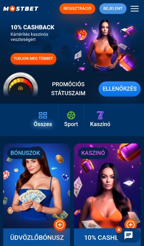 Kaszinós cashback ajánlat, promóciós státusz és bónuszkártyák mobilnézetben a Mostbet felületén