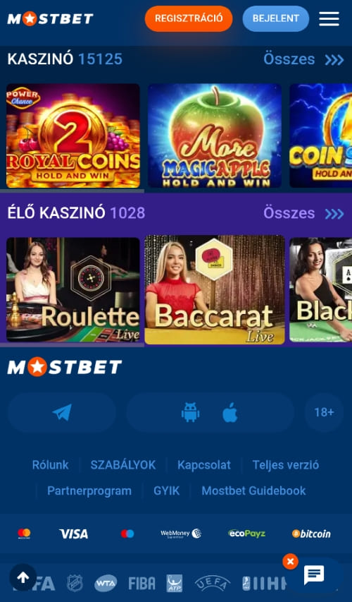 Mobil nézet a Mostbet kaszinójátékairól és élő kaszinóról, rulett, baccarat és blackjack lehetőségekkel