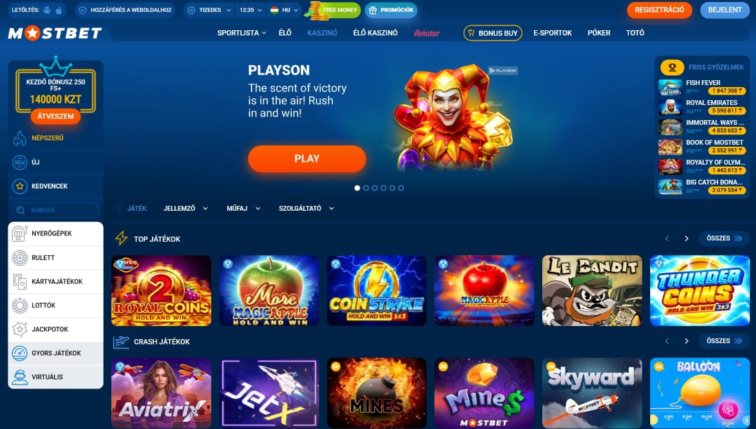 Playson promóció a Mostbet főoldalon, háttérben kiemelt nyerőgépek és crash játékok